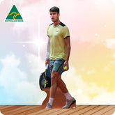 Man holding a tennis racket and ball on a wooden deck with a colorful background, featuring 'Australian Made' logo.